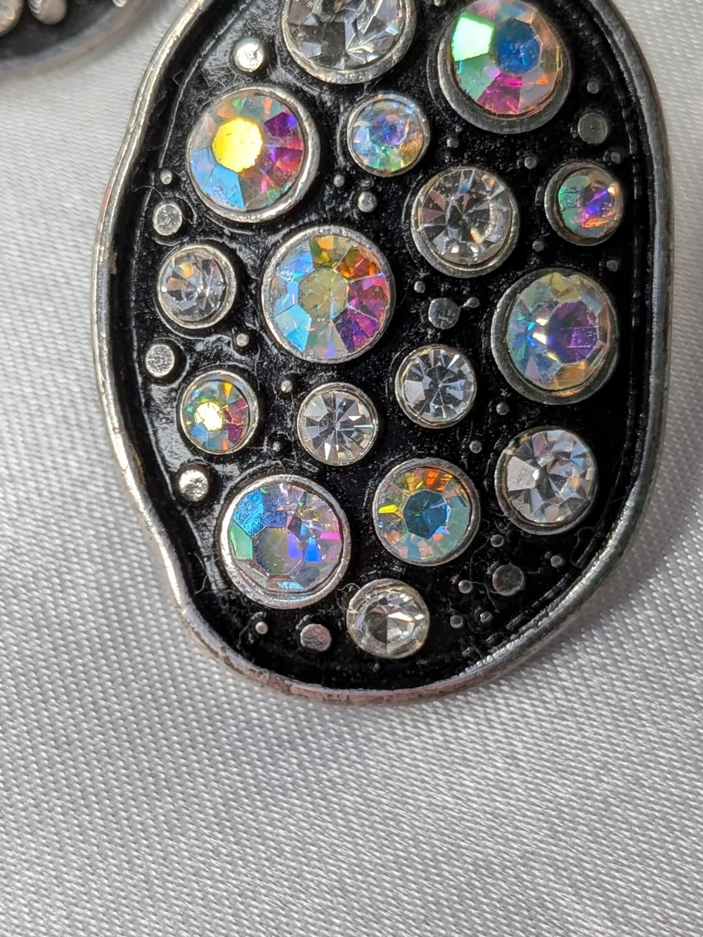 Silvertone Black Enamel Aurora Borealis Rhinestone Cluster Statement Studs